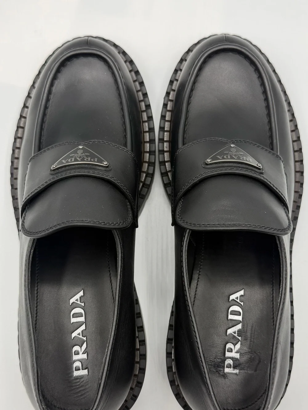 NIB Prada Triangle Logo Black Leather Double Chocolate Rubber Lug Sole Loafers